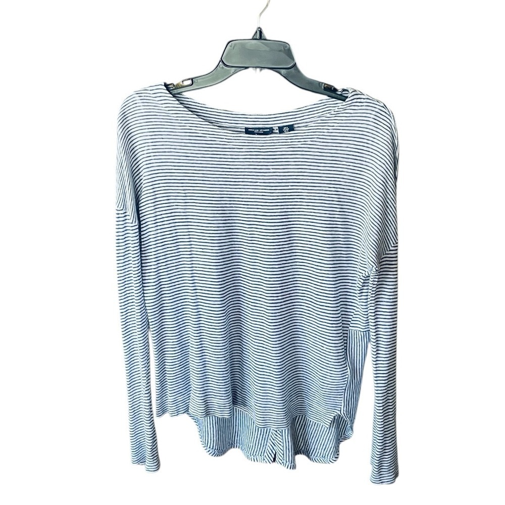 Adrienne Vittadini 100% linen button back roll tab sleeve tunic S blue white